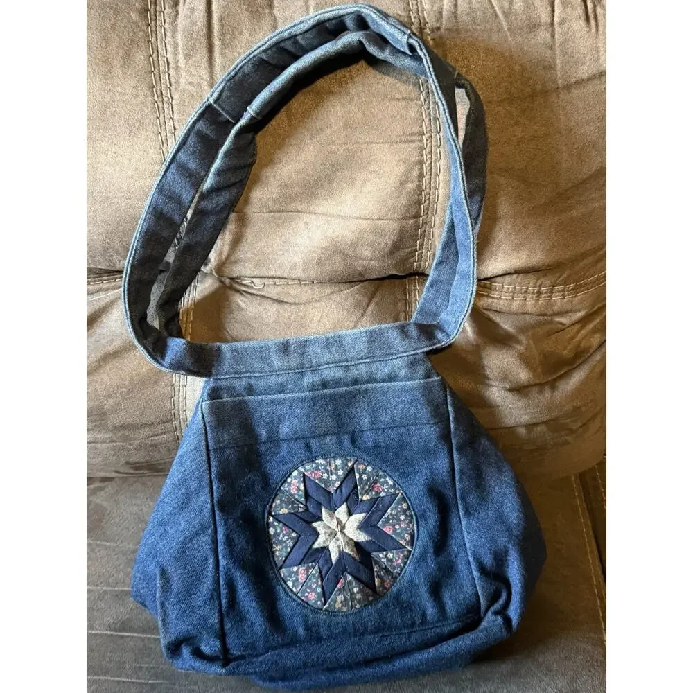 Handmade Denim Crossbody Shoulder Purse Folded Star Patchwork Floral Calico OOAK
